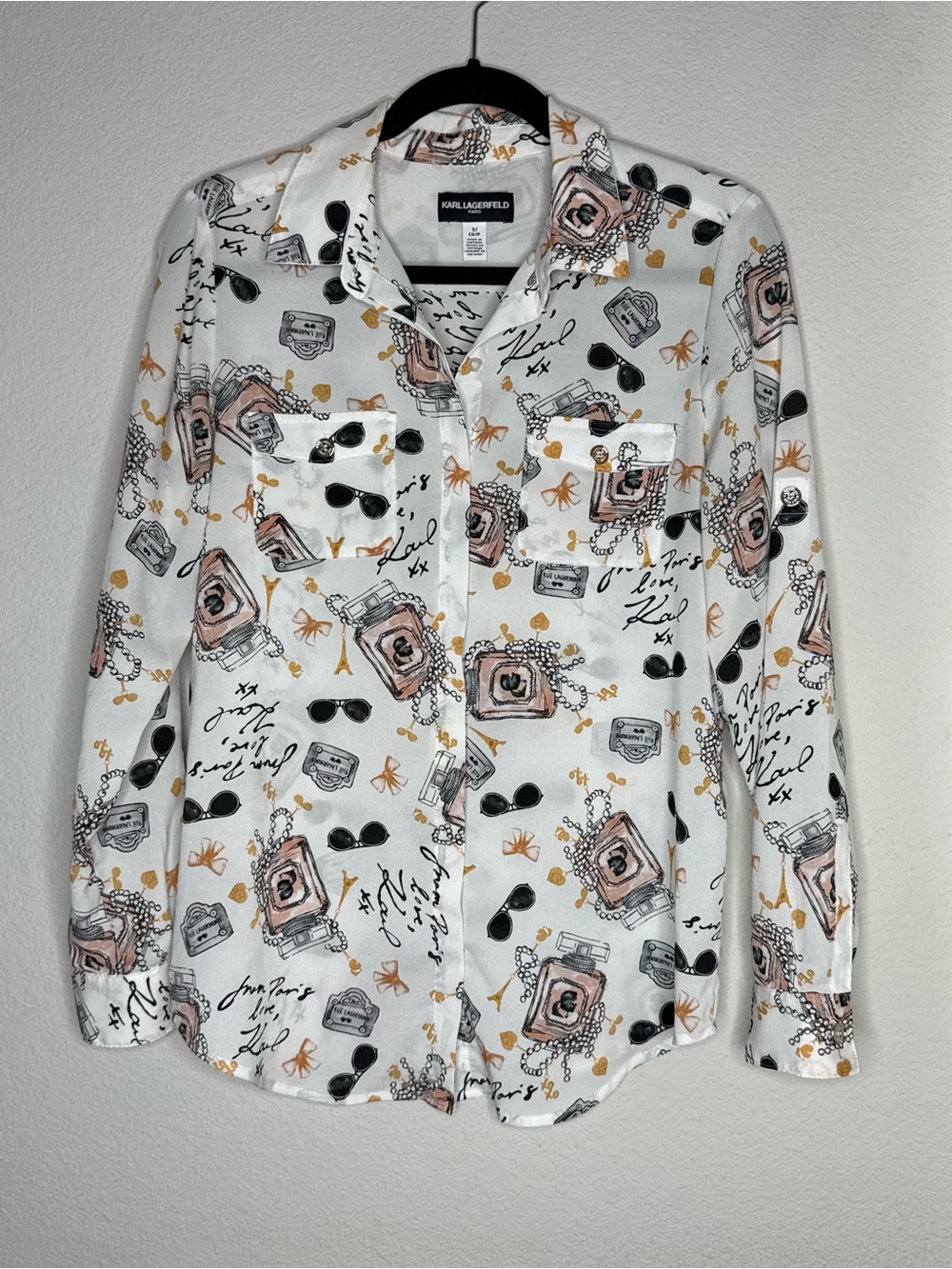 Karl Lagerfeld White Button-Front Blouse with Pink and Black Paris Print